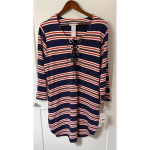 La Blanca Women's Shift Striped Dress Lace-Up Resort Modal Navy Sz L NWT